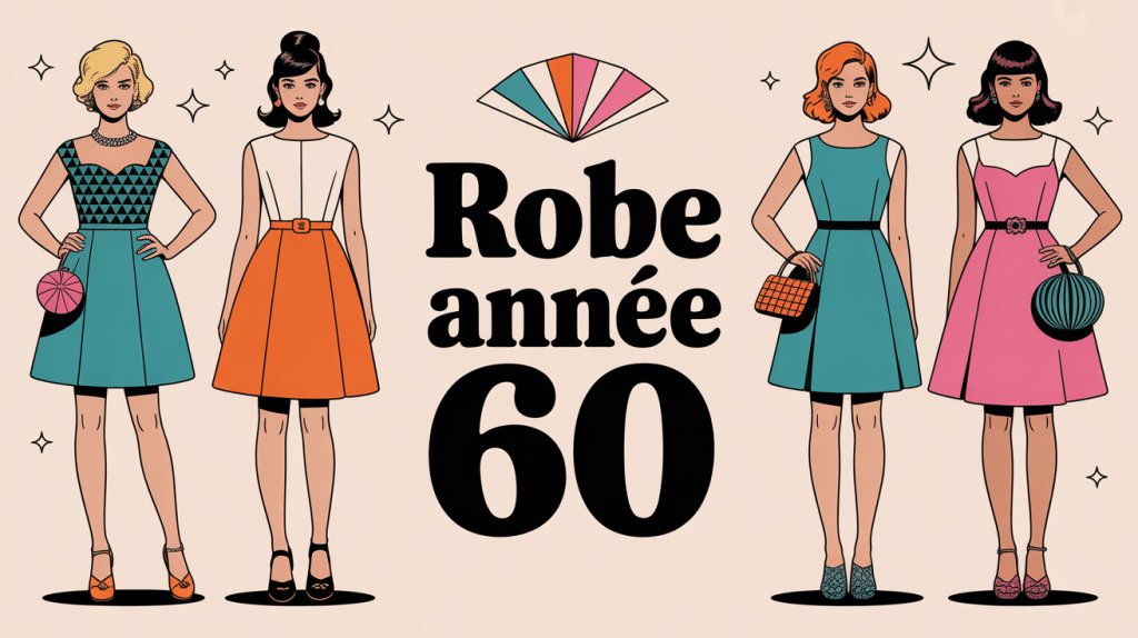 année 60 robe mini trapèze et droite, motifs géométriques pop, accessoires vintage