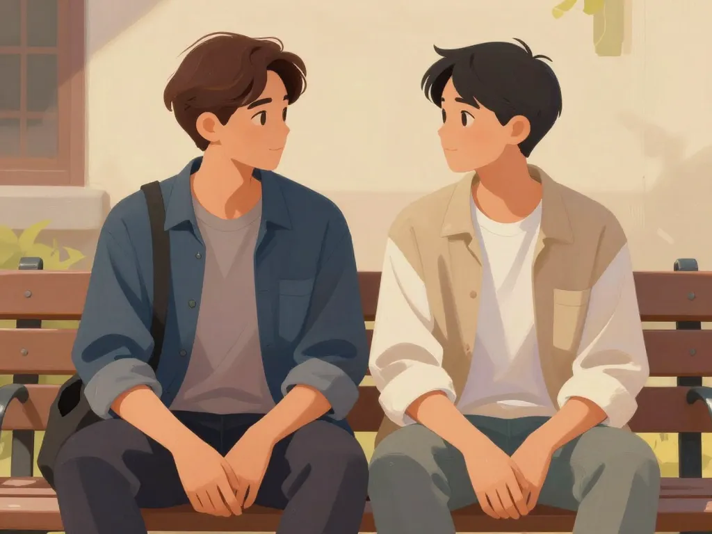 scène il est le même que moi couple sur banc miroir postures