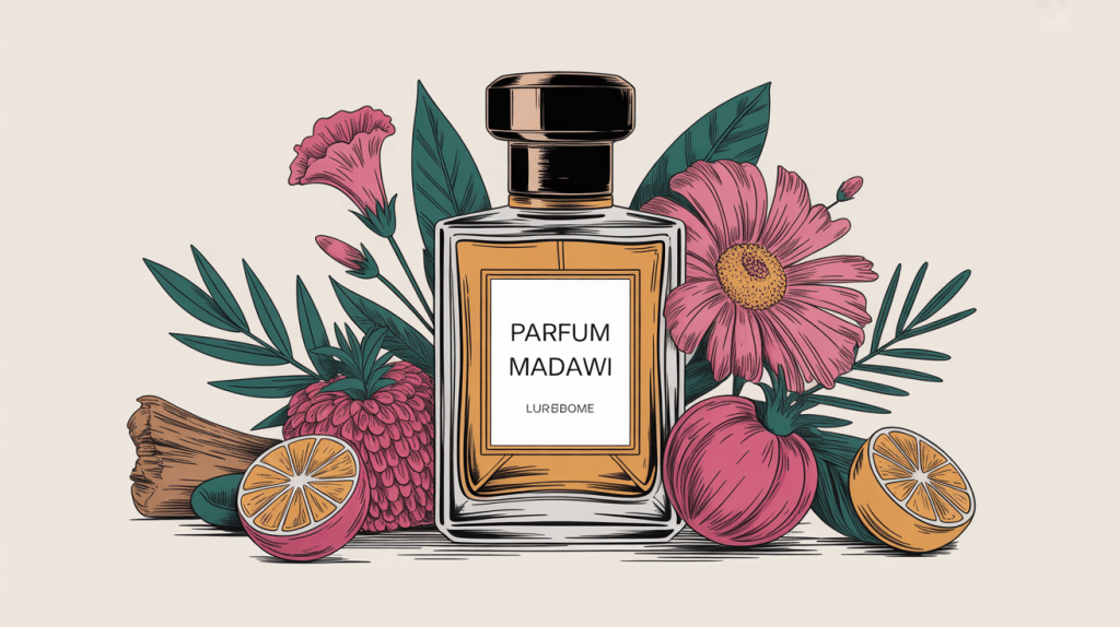 illustration parfum madawi flacon stylisé et ambiance élégante