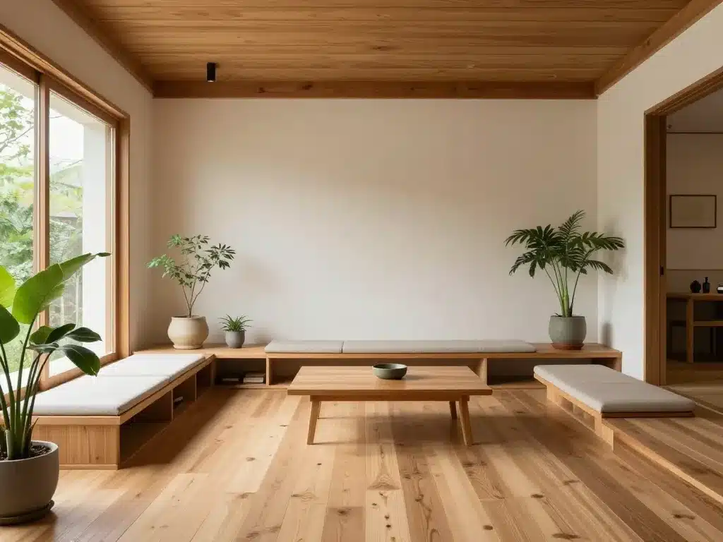 Salon minimaliste japonais déco naturelle rangement discret