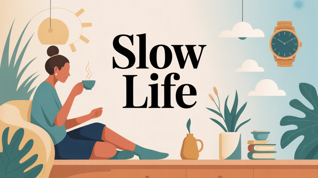 illustration slow life personne relax tasse thé ambiance calme