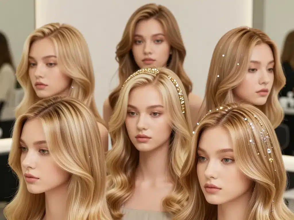 de l'or dans les cheveux, reflets dorés, accessoires brillants