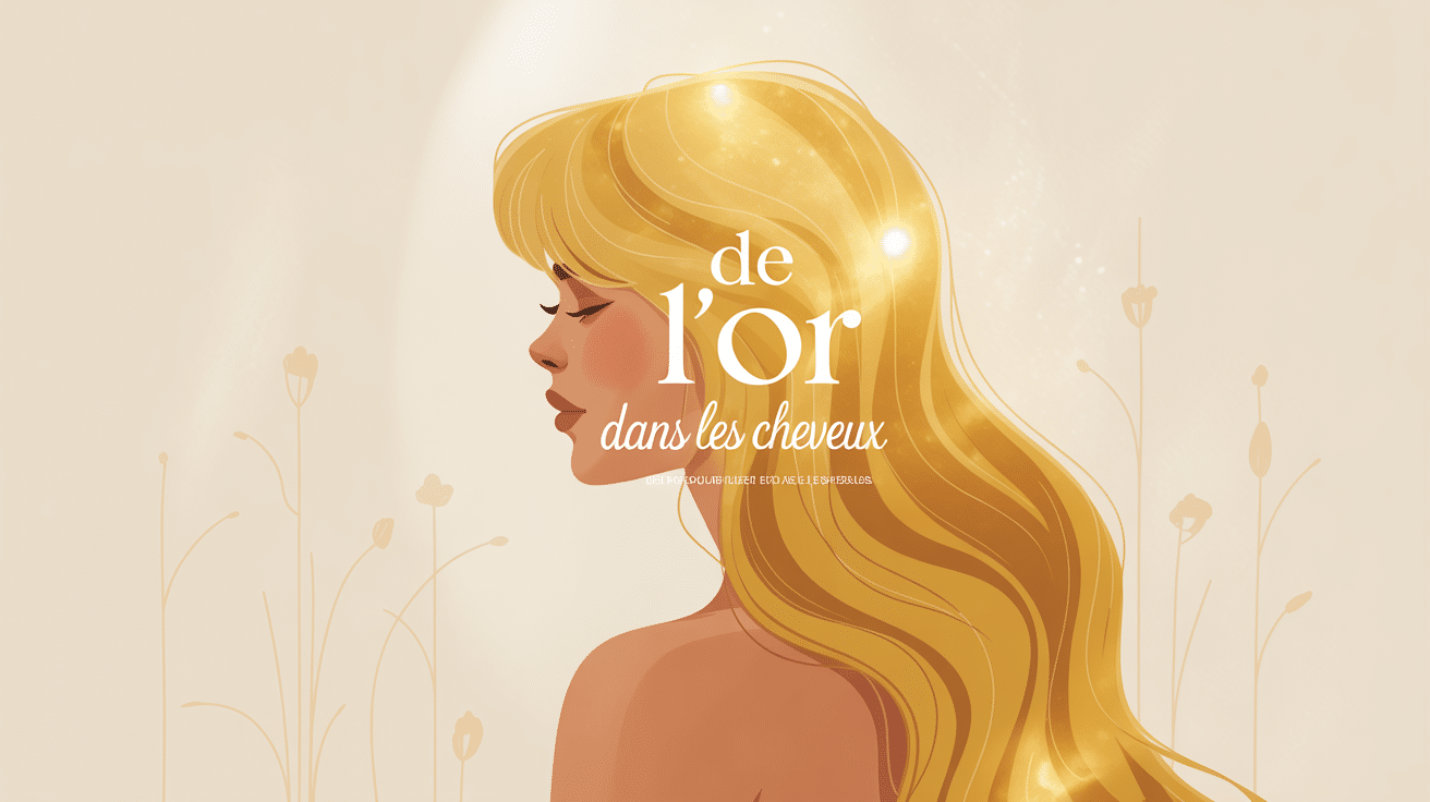 de l'or dans les cheveux, silhouette féminine dorée, ambiance poétique
