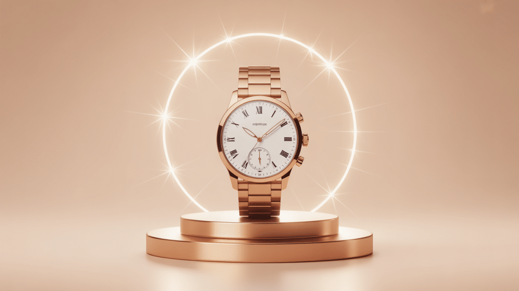 Montre de luxe pas cher posée sur piédestal doré, style moderne