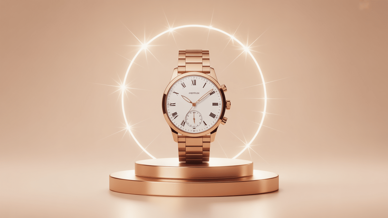 Montre de luxe pas cher posée sur piédestal doré, style moderne