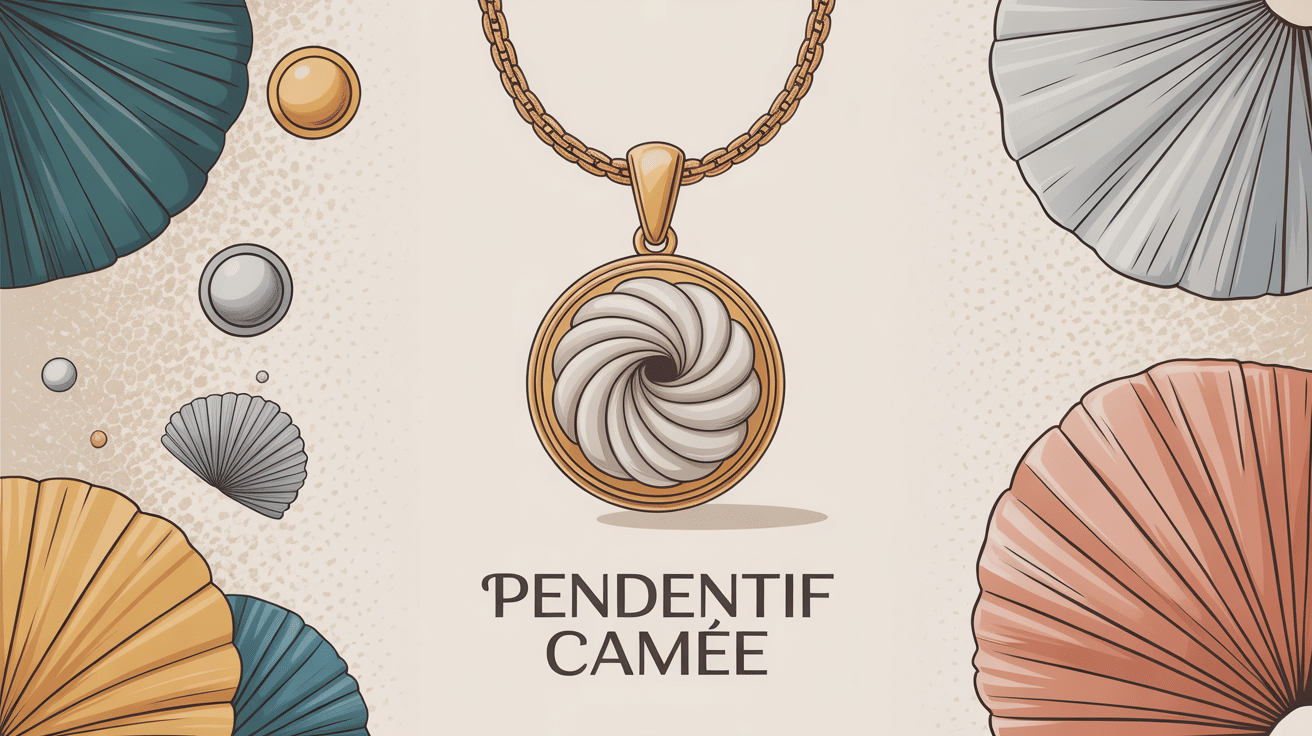 illustration pendentif camée élégant or argent coquillage