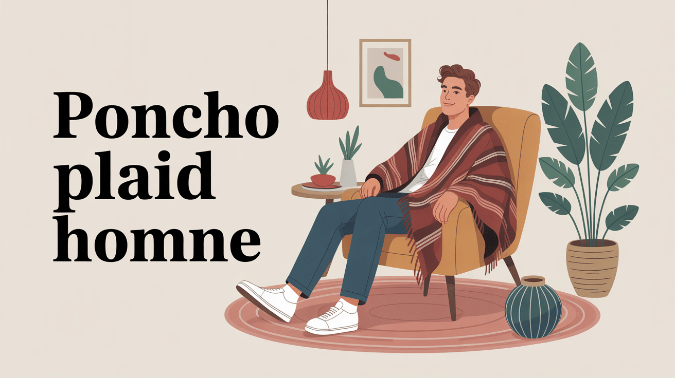 homme portant poncho plaid homme dans fauteuil, ambiance cocooning