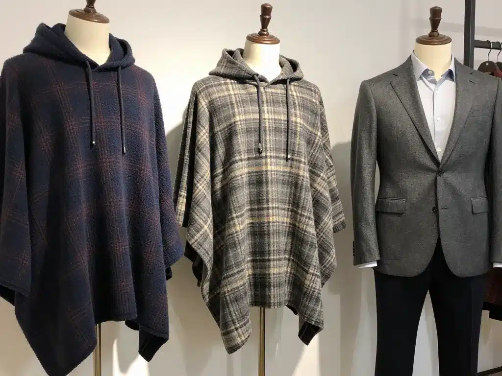 poncho plaid homme sur mannequins différentes matières et formes