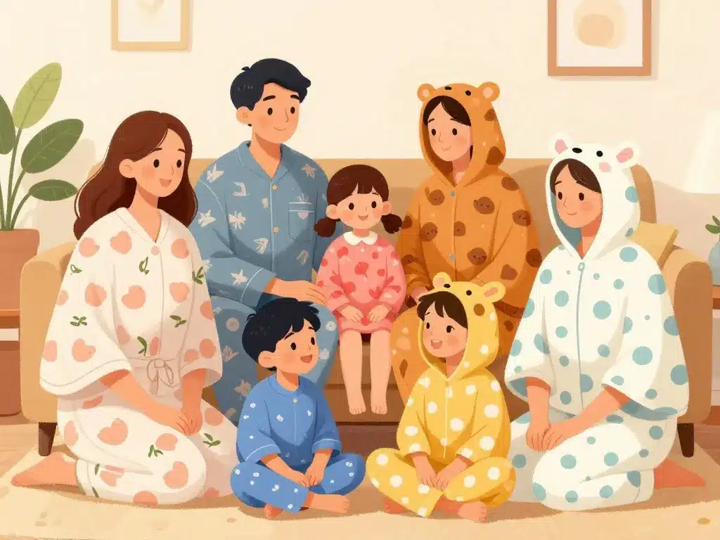 Famille en poncho pyjama styles variés dans le salon