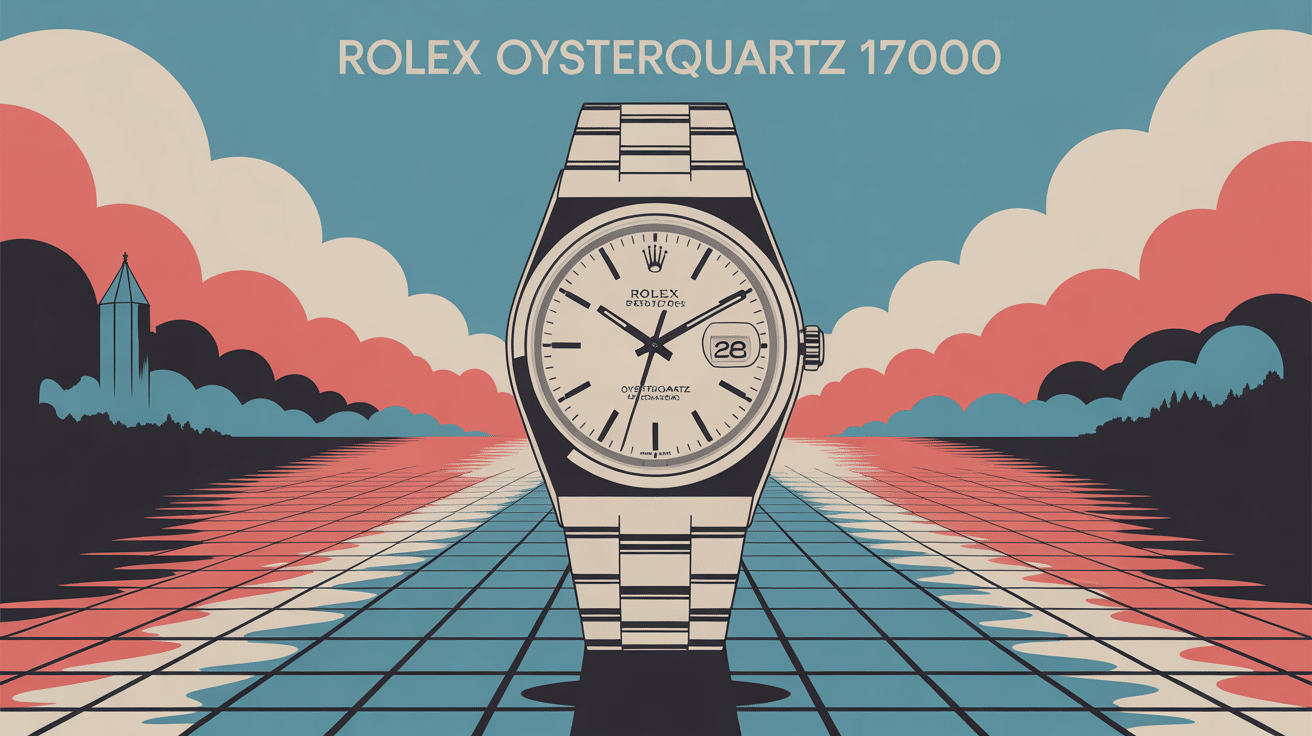 Illustration stylisée de la rolex oyster quartz ref. 17000 ambiance vintage