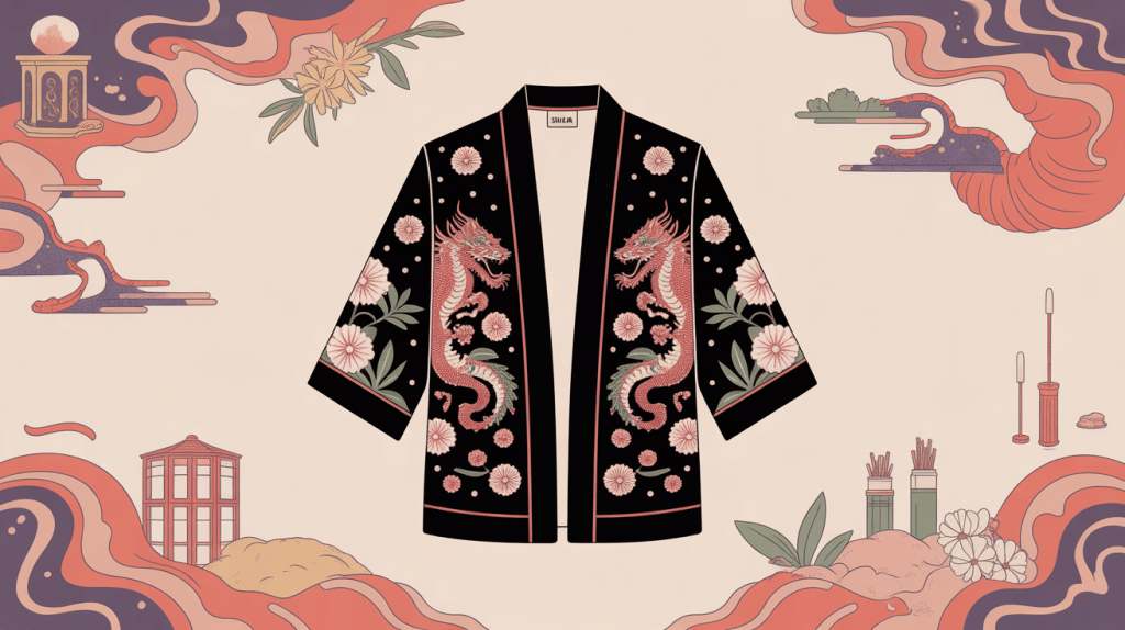 Veste sukajan satinée brodée au style japonais