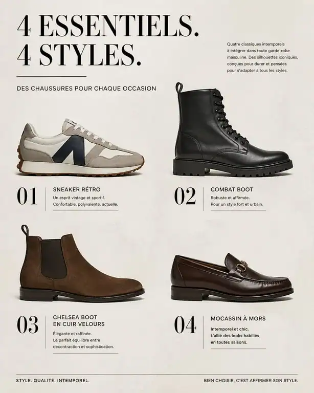 Sélection des tendances chaussure homme 2025 : sneakers rétro, combat boots, Chelsea boots et mocassins