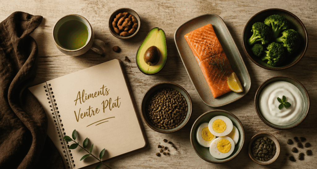 aliment pour perdre le ventre vue flat lay table