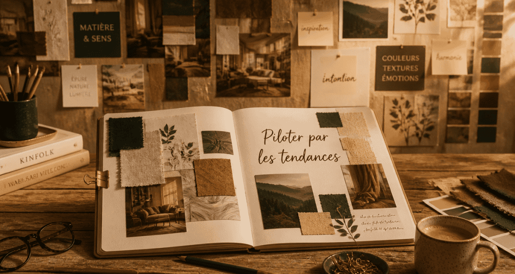 Cahier de tendance ouvert sur table bois