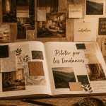 Cahier de tendance ouvert sur table bois