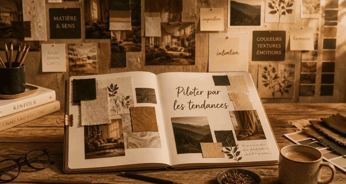 Cahier de tendance ouvert sur table bois