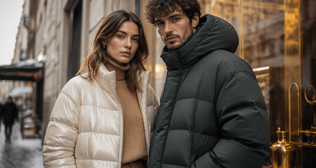 doudoune veste homme femme devant vitrine