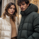 doudoune veste homme femme devant vitrine