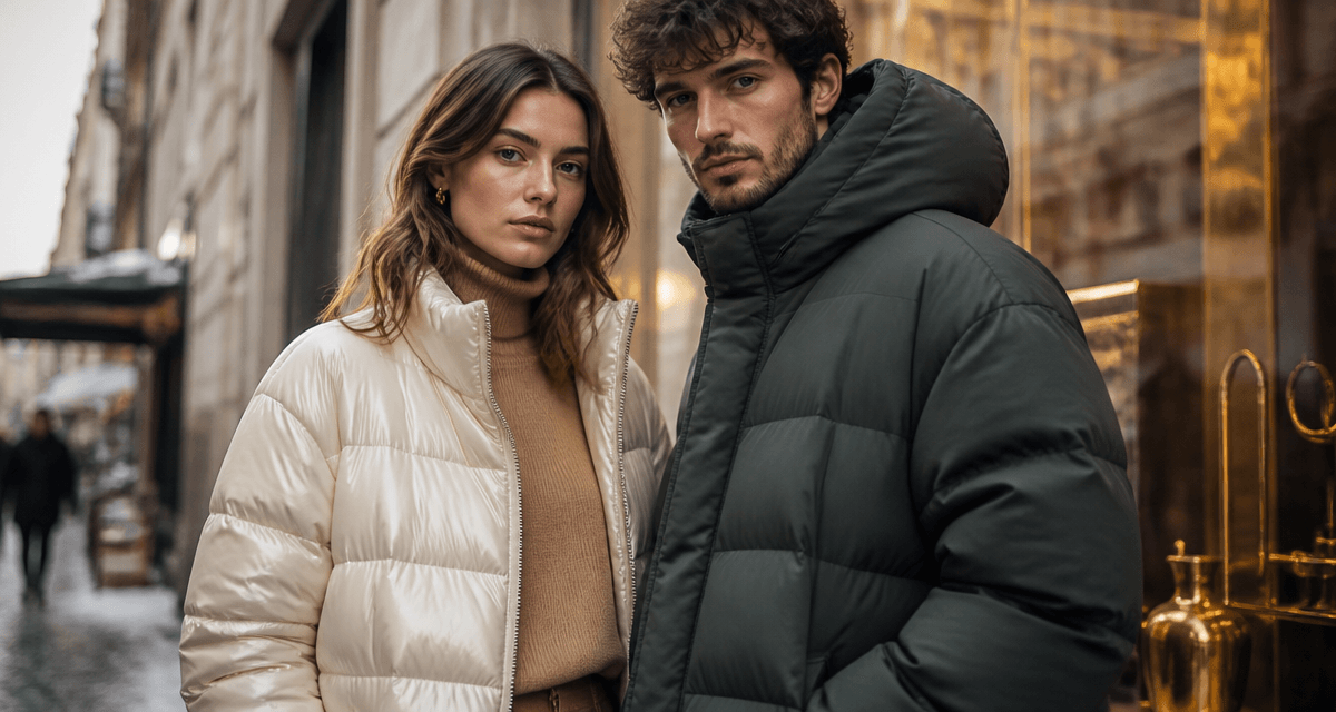 doudoune veste homme femme devant vitrine