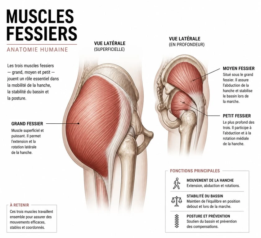 Schéma anatomique des muscles fessiers chez la femme pour comprendre le muscle des fessiers