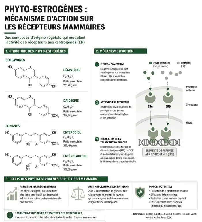 Schéma explicatif du mécanisme d'action des phyto-estrogènes sur le volume mammaire