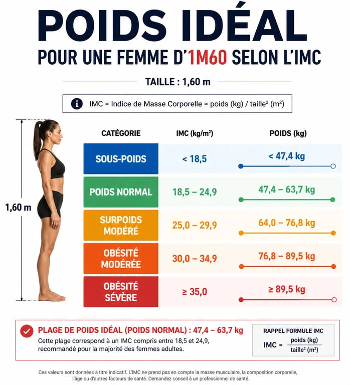 Infographie des tranches de poids idéal pour une femme d'1m60 selon l'IMC