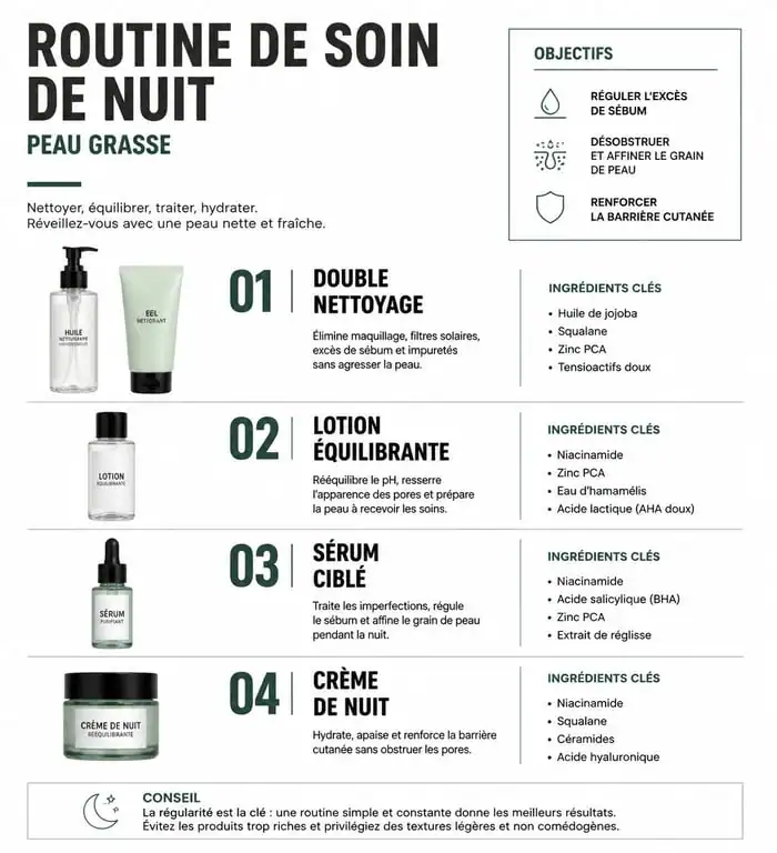 Infographie de la routine de soin de nuit pour peau grasse : étapes du nettoyage à l'application de la crème.