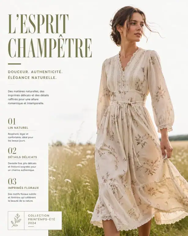 Femme portant une tenue champêtre élégante avec une robe midi à fleurs dans un champ ensoleillé