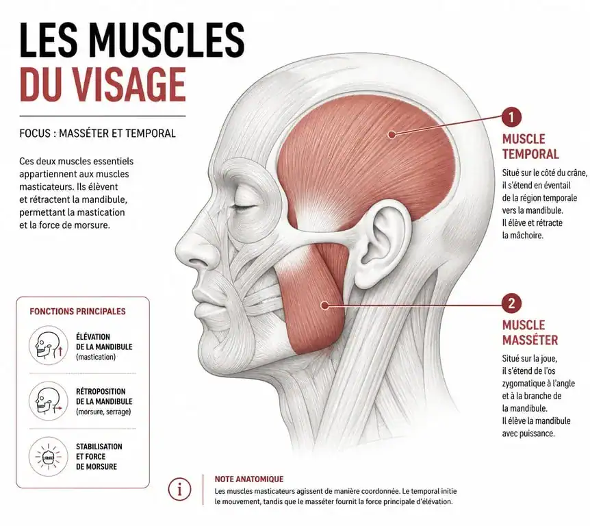Schéma anatomique des muscles masséter et temporal pour la musculation de la mâchoire