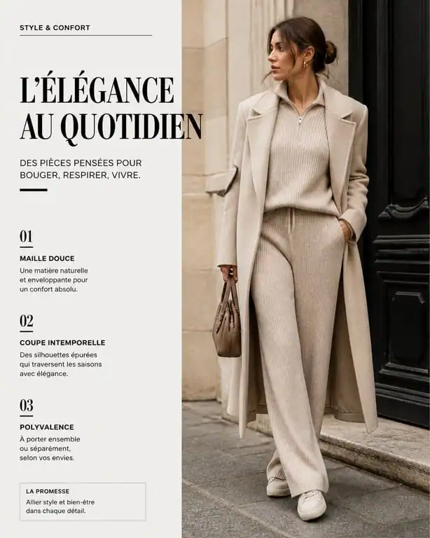 Femme portant une tenue chill élégante et confortable avec un ensemble en maille et un manteau long