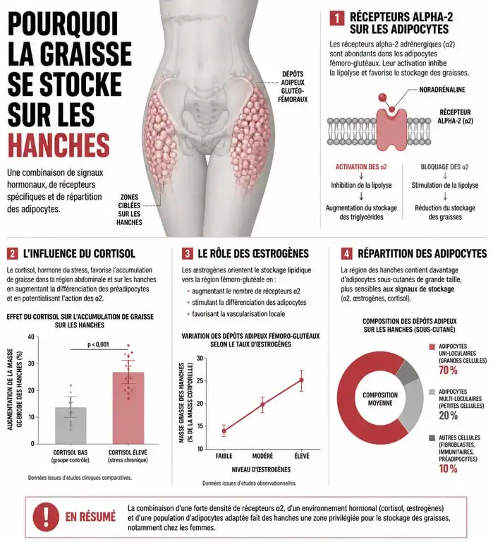 Infographie explicative sur les causes physiologiques de l'accumulation de graisse sur les hanches