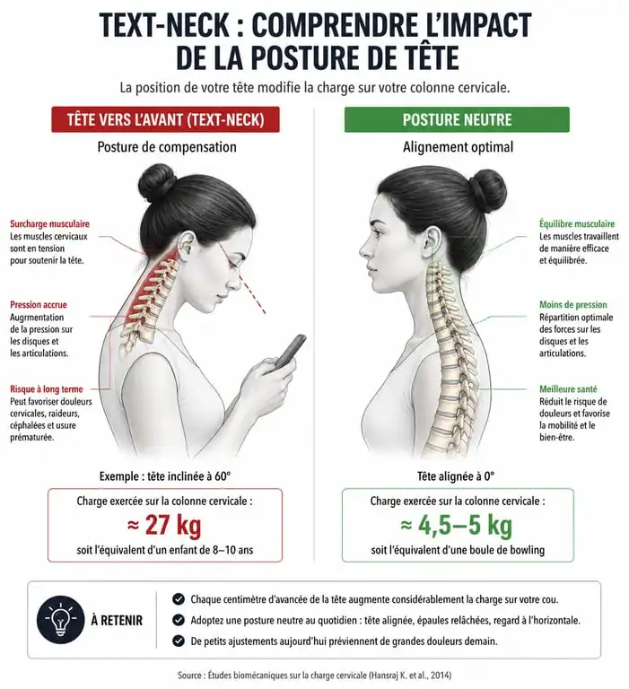 Infographie montrant la posture de la bosse de bison et l'alignement correct de la colonne cervicale