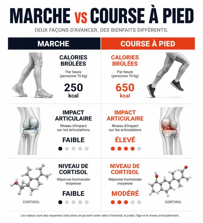 Infographie comparative : marche vs course pour la perte de poids et la santé métabolique