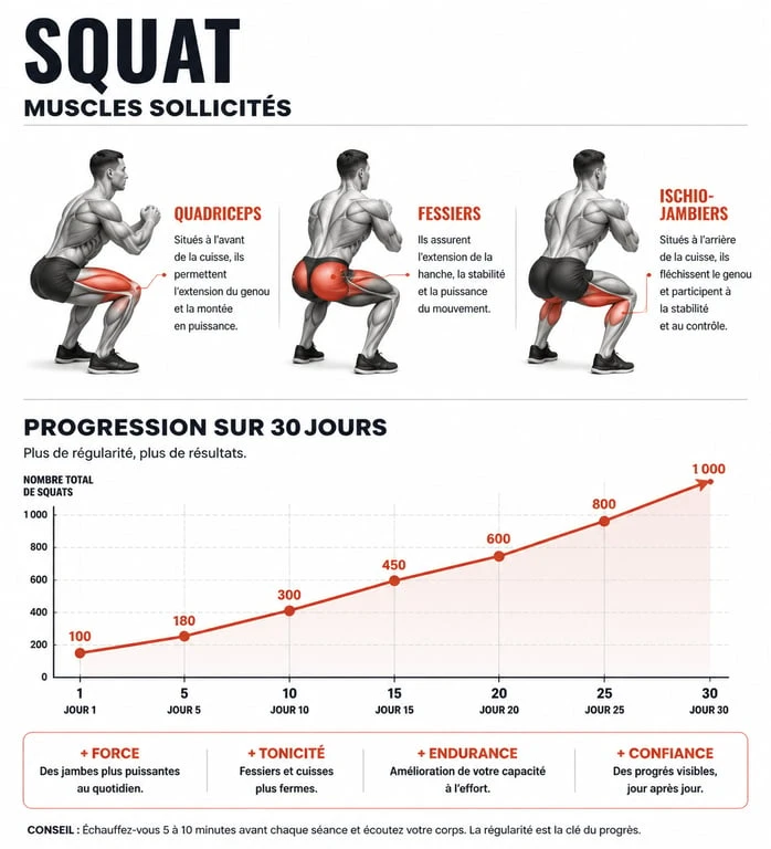 Infographie des bénéfices et progression du challenge 50 squats par jour avant apres