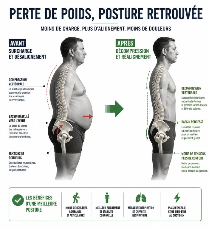 Schéma illustrant l'impact de la perte de poids sur la posture et la taille réelle