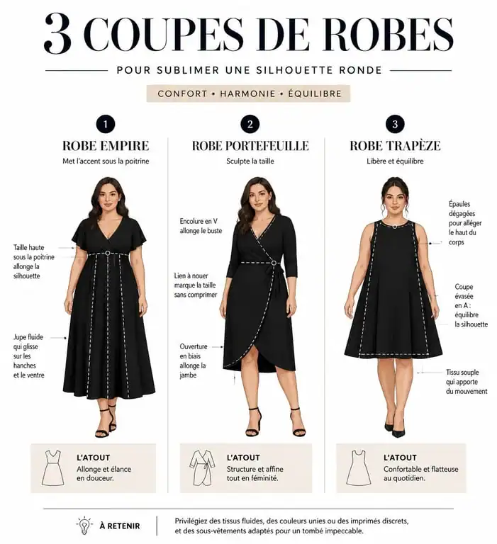 Infographie des meilleures coupes de robes pour ronde avec du ventre : empire, portefeuille et trapèze