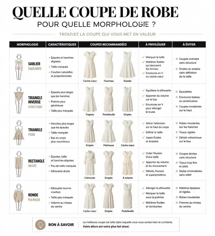Infographie des coupes de robes habillées pour mariage grandes tailles selon la morphologie