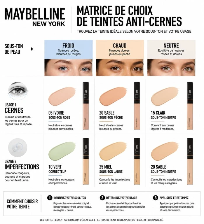 Infographie guide pour choisir sa teinte d'anti-cernes Maybelline selon sa carnation et ses sous-tons