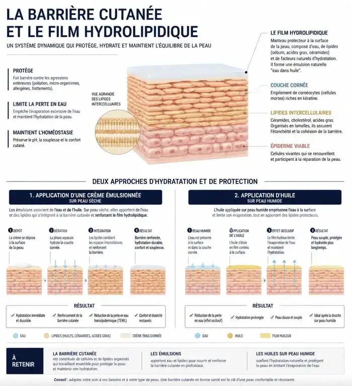 Schéma explicatif de l'hydratation de la peau sans crème hydratante et rôle du film hydrolipidique