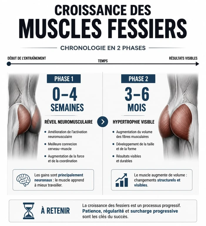 Infographie montrant le temps nécessaire pour voir les muscles fessiers se dessiner et prendre du volume