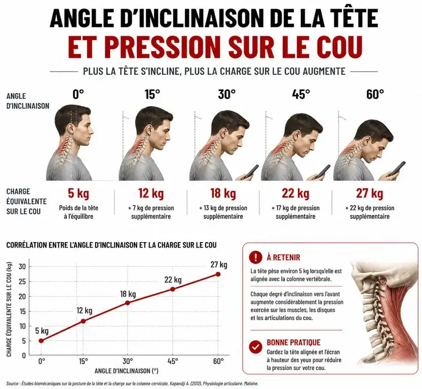 Infographie illustrant l'impact de l'inclinaison de la tête sur la pression exercée sur la bosse de bison et les vertèbres cervicales