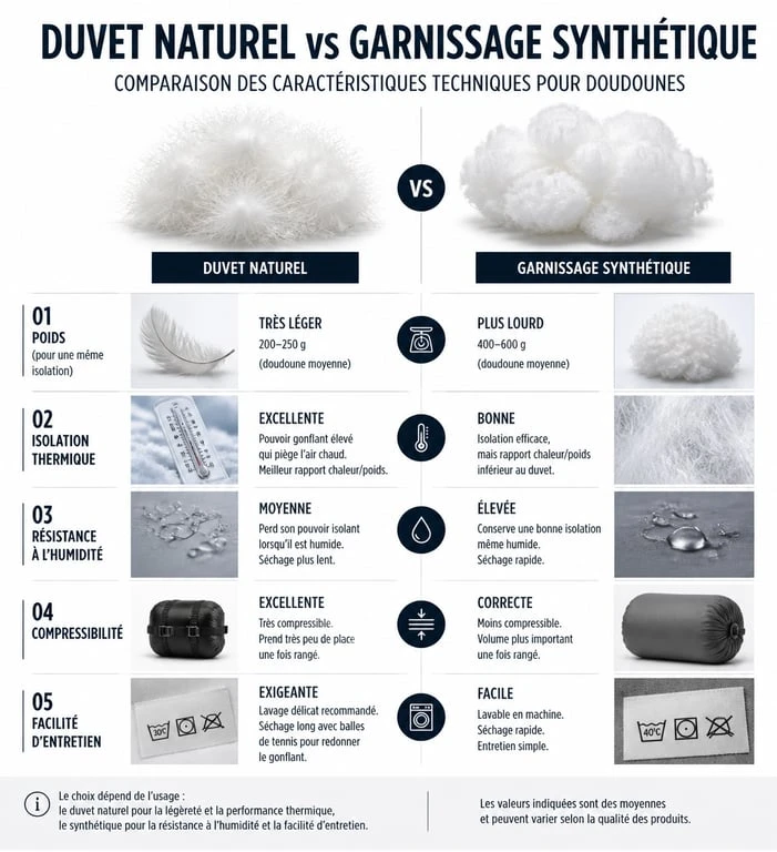 Comparatif technique entre doudoune en duvet naturel et doudoune en fibres synthétiques pour choisir sa veste.