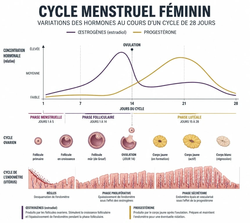 Infographie des effets des hormones chez la femme et variations du cycle menstruel