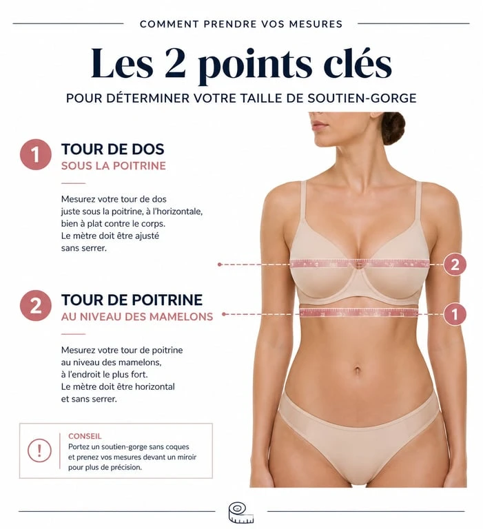 Schéma illustrant comment calculer sa taille de poitrine idéale avec un mètre ruban.