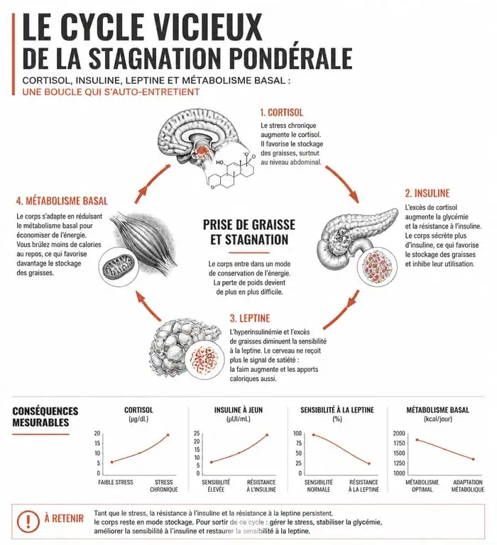Infographie expliquant pourquoi je n'arrive pas à maigrir : mécanismes hormonaux et métaboliques