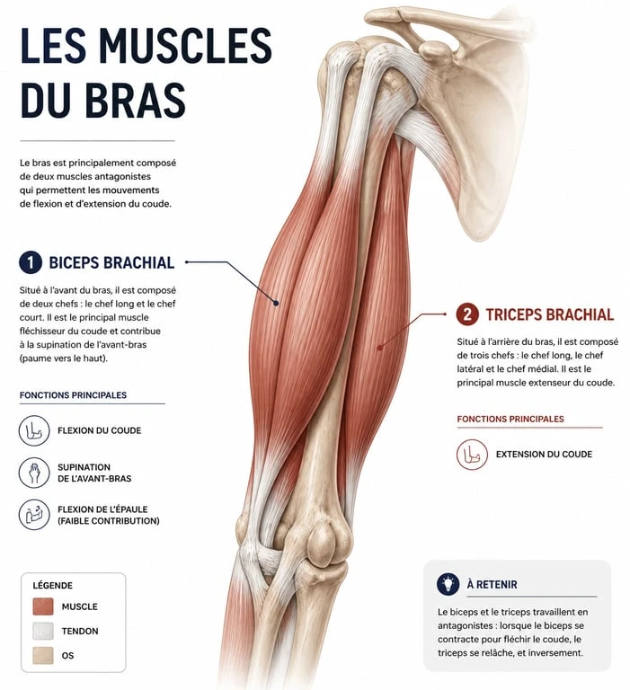 Schéma anatomique des muscles du bras pour la musculation femme