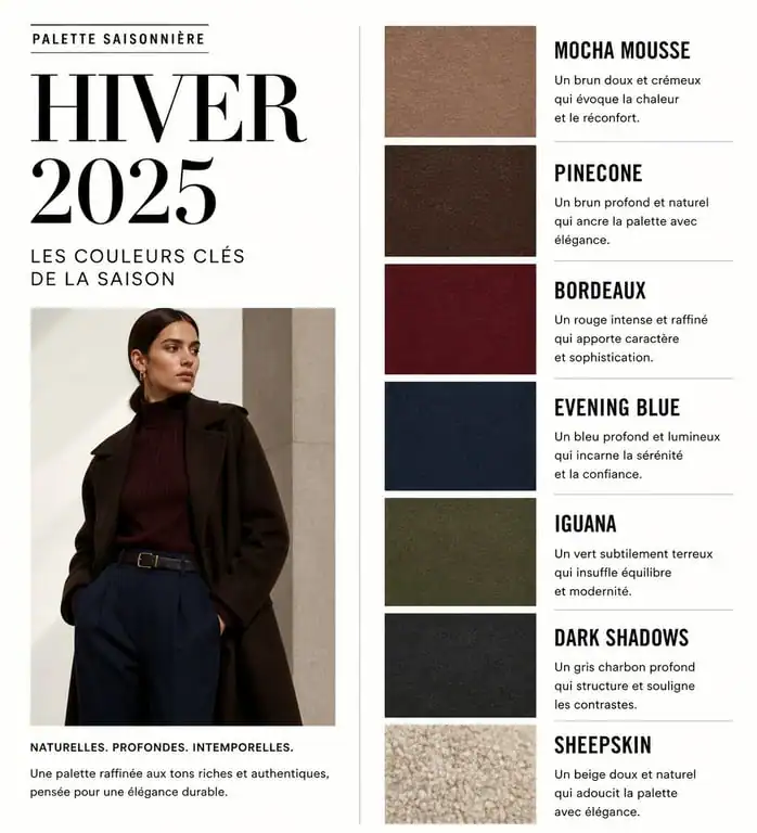 Palette des couleurs tendance mode hiver 2025 : Mocha Mousse, Pinecone, Bordeaux et autres teintes phares.