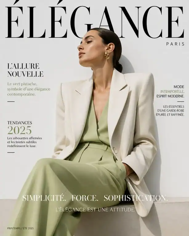 Tendance mode 2025 : silhouette avec blazer structuré et touches de vert pistache