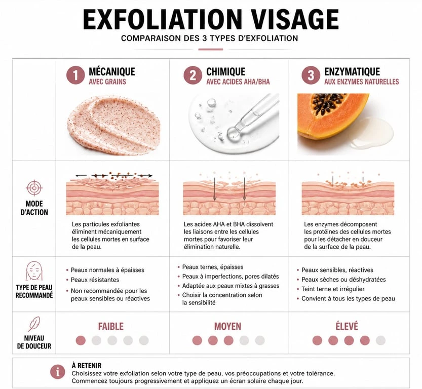 Infographie comparative des types de gommage visage pour choisir le meilleur gommage visage selon son type de peau