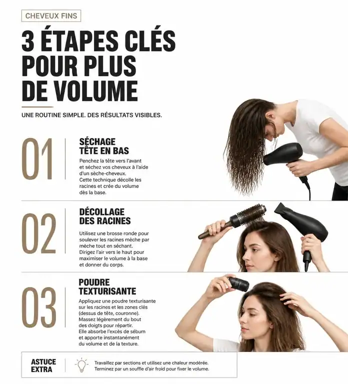 Infographie des techniques de coiffage pour donner du volume aux cheveux fins